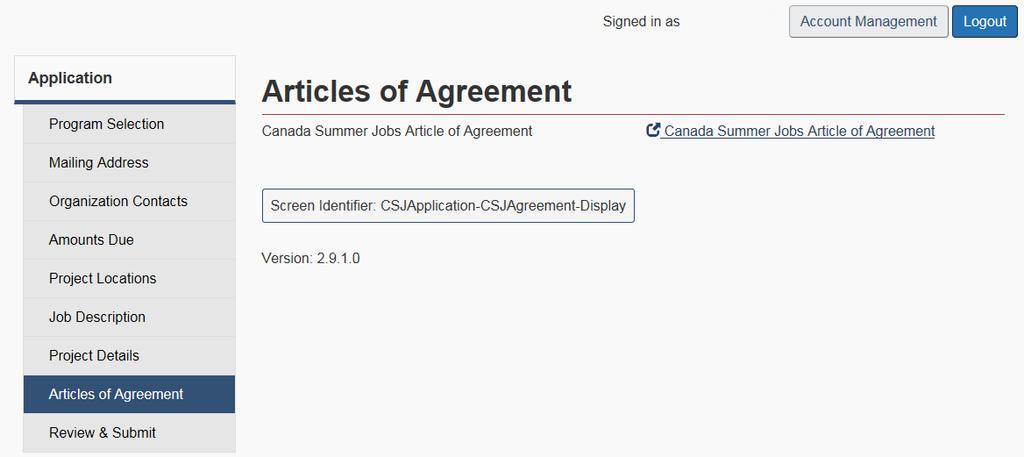 1.8 ARTICLES OF AGREEMENT SCREEN The Articles of Agreement screen (Figure 19) allows you to review the articles of agreement by clicking on the link. Figure 19 Articles of Agreement screen 1.