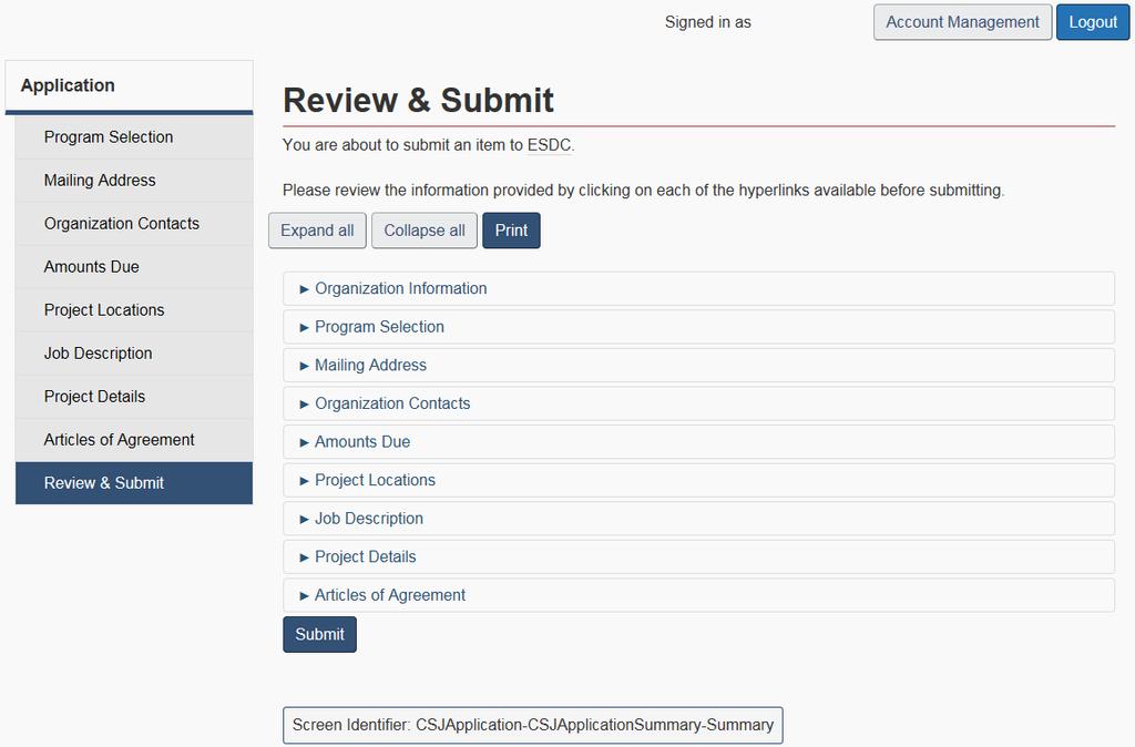 Figure 20 Review & Submit screen To submit your application, click the Submit button and you will be directed to the Certification- Authority to Sign screen (see Figures 21 and 22).