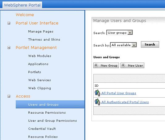 Administration: Users and Groups Portal stores users and groups either in LDAP (production) or a relational database (development) Portal-specific attributes are stored in database Reduces