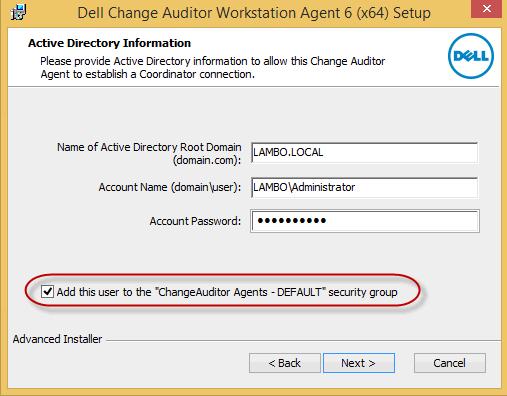When the first foreign workstation agent is manually installed, a ChangeAuditor Agents - <InstallationName> security group is created.