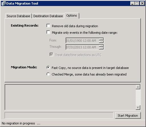 Table 9. Data Migration tool: Destination Database page Field/Control Domain Database Name Description Enter the domain for the Windows account to be used to access the designated SQL server instance.