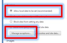 9 3. Scroll down to the Privacy section and click the Content Settings button. 4. On the Content Settings window, click Allow local data to be set, then click Manage exceptions and DONE. 5.