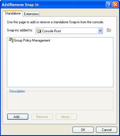 7 Click Close. The Add Standalone Snap-in page is displayed. 8 Click OK. The Group Policy Management page is displayed.