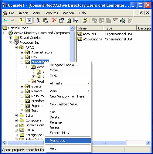 2 Right click the required group policy, container, or OU, then click Properties (in this