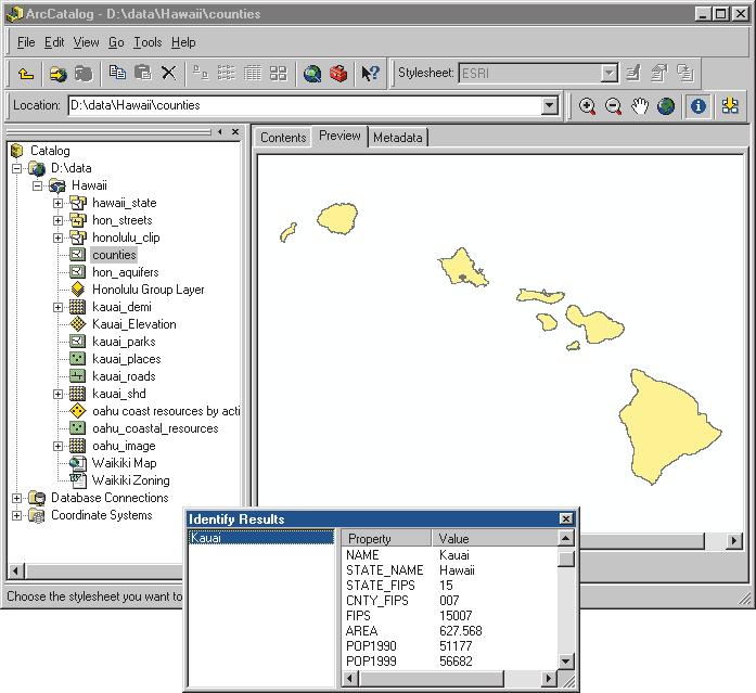 Identifying geographic data 1 1. Click the Identify button on the Geography toolbar. 2. Click the feature, raster cell, or TIN triangle whose attributes you want to see.