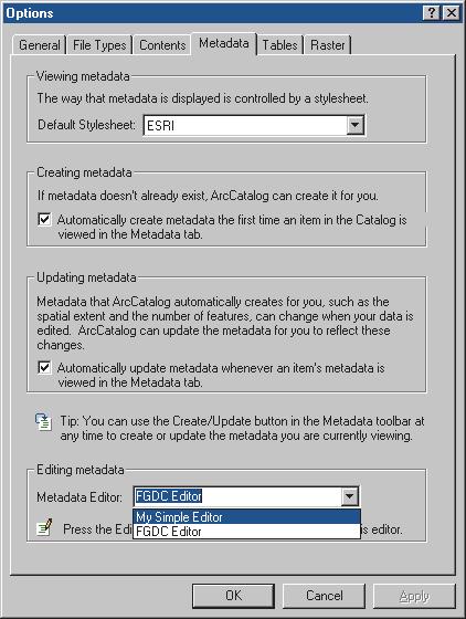 Editing metadata The Catalog comes with an FGDC metadata editor. To start using the FGDC metadata editor, click the Edit Metadata button on the Metadata toolbar.