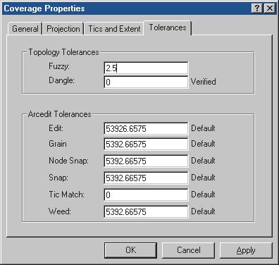 ArcInfo and ArcEditor Setting a coverage s tolerances Many coverage operations use tolerances.