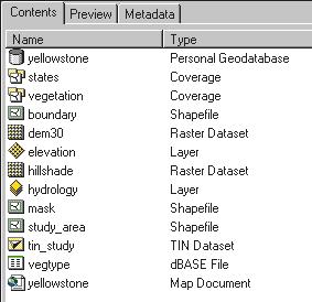 Items that contain other items, such as geodatabases and coverages, always appear at the top of the Contents list. They are grouped by type. 8.