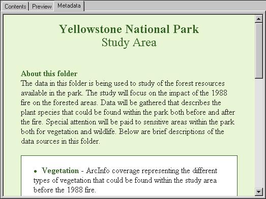 3. Click the study_area shapefile in the Catalog tree. Metadata is presented with the ESRI stylesheet by default.