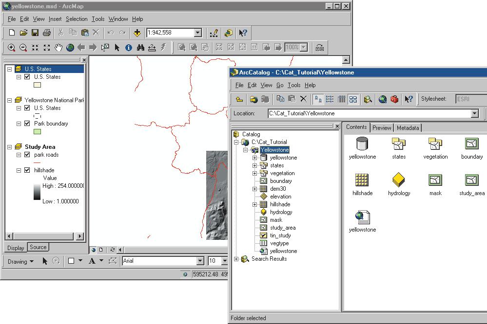 In the ArcMap window, you see the contents of the Study Area data frame in Data view; the name of the active data frame appears in bold in the table of contents.