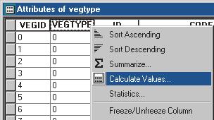 ArcMap reads this as VEGTYPE=[VEGID]; all values in the VEGTYPE column will be set equal to the values stored in the VEGID column. 7. Right-click the vegtype table and click Open.