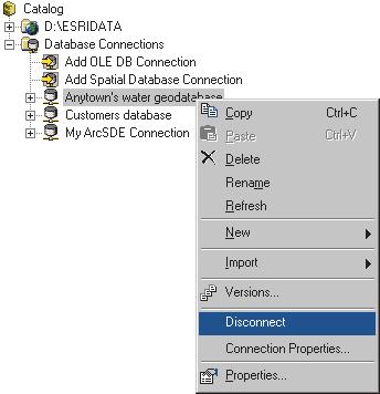 Working with database connections Database connections are either connected or disconnected. All connections are disconnected when you start ArcCatalog.