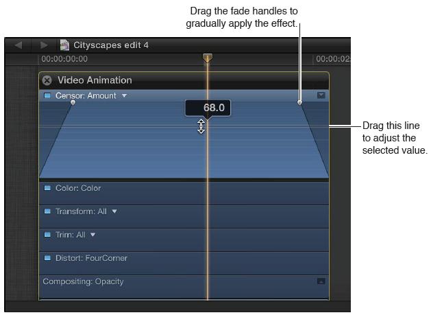 d. To have the effect s setting fade in and out of the clip, drag the handles on either end of the effect. e. You can also drag the horizontal line up and down to control the effect s selected setting (amount, in the above example).