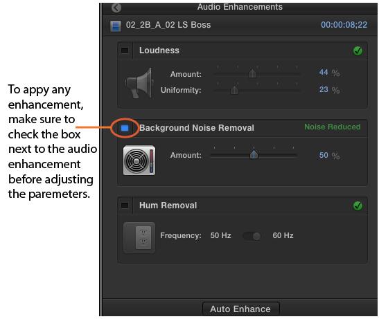 3) FCPX auto- analyzes any audio issues. If no problem is detected, you will see a green checkmark.