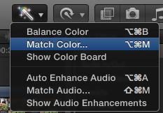 Match color between clips 1) Select one or more clips in the Timeline that you want to adjust. 2) Do one of the following: Choose Modify > Match Color (or press Command- Option- M).