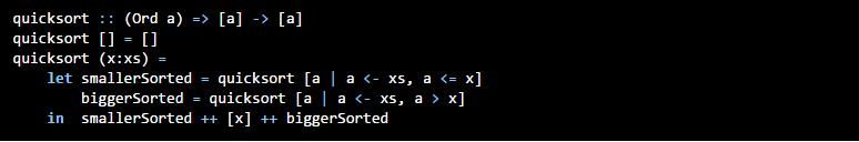 So, we put quicksort :: (Ord a) => [a] -> [a], and we see that a sorted empty list is an empty list.