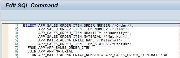 Now we would like to see the material description, instead just the material number. So we need to join the field MATERIAL_NAME from table APP_MATERIAL. SELECT APP_SALES_ORDER_ITEM.