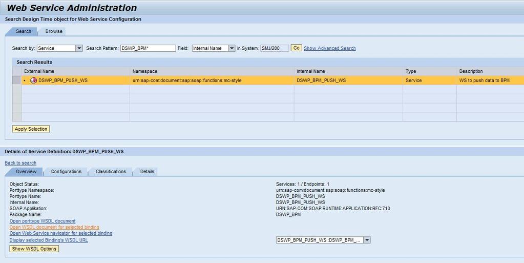 12.4 WSDL-Document You can display the WSDL for the PULL-Web service in transaction SOAMANAGER under Service Administration Single Service Configuration by searching for the internal name
