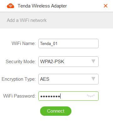Access the UI of the wireless USB adapter and click Add a WiFi network. Set WiFi Name to the name of the WiFi network to be connected, which is Tenda_01 in this example.