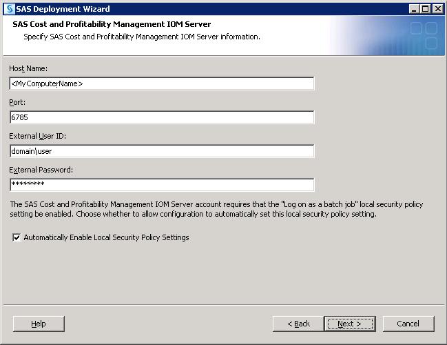 The wizard also prompts you for information about the SAS Cost and Profitability Model Server.