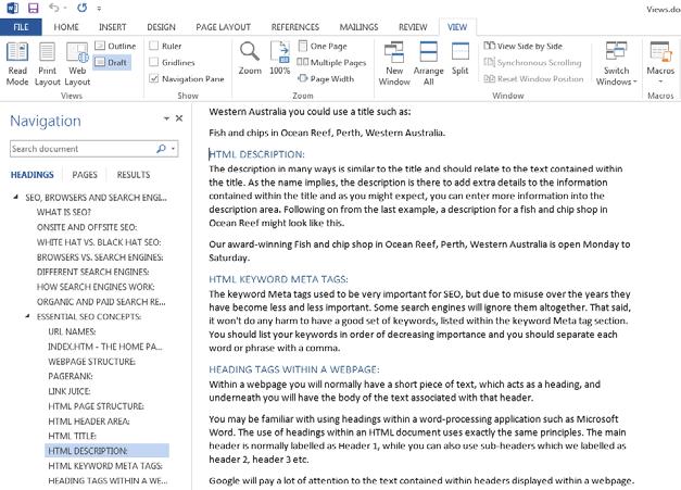 WORD 2013 FOUNDATION Page 103 Click on the Outline icon to display the
