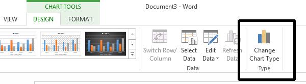 WORD 2013 FOUNDATION Page 131 Modifying the chart type Click on the Change Chart Type button.