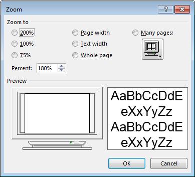 WORD 2013 FOUNDATION Page 47 You can use the Zoom dialog box to display the page at pre-set zoom levels. You can type a value into the percentage box.