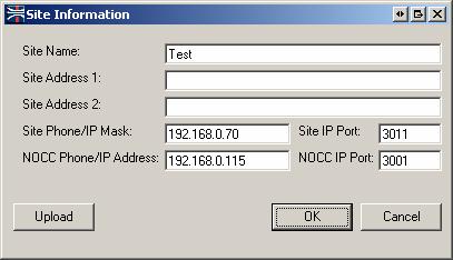 Select Configuration->Site Information and give the unit a Site Name, Site IP Address, Site IP Port, NOCC IP Address, and NOCC IP Port.