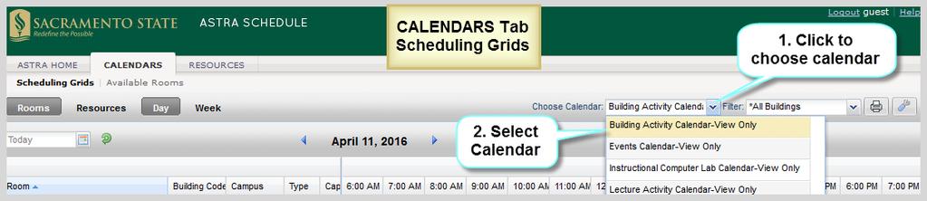 To begin, select the type of calendar you want to view as described and depicted in the screenshot below: Select Calendar Navigation: Calendars > Scheduling Grids 1.