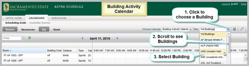For Building Facility and Event Calendars, you may view all buildings and events, respectively, or choose a pre defined filter. 4.1.
