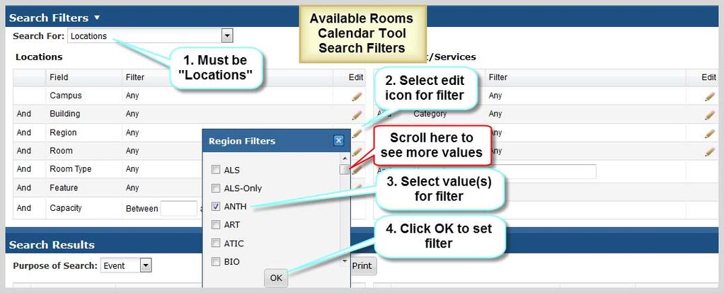 Described and depicted in the screenshot below are the steps to follow to define filters to apply when searching for available facilities.