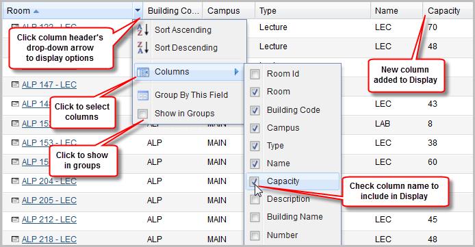 The columns that are displayed on a given list page may be changed as well. To customize the display, click on the right arrow on any column in the list and choose the Columns option.