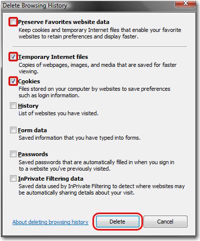 3. Make sure to uncheck Preserve Favorites website data and check both Temporary Internet Files