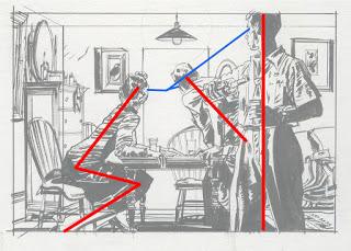 movement in the direction or their gaze. In this final sketch the man on the right with his vertical axis is most stable because he is so vertical and in the foreground.