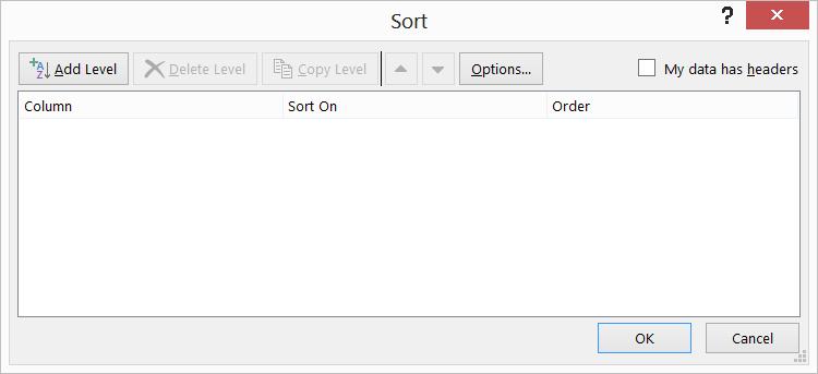 On the Data tab, in the Sort & Filter group, choose Sort to open the Sort dialog box shown in Figure 24-2. FIGURE 24-2 The Sort dialog box is not yet filled in.