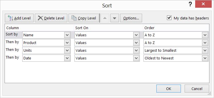 Sort by the Name column so that values (this means cell contents) are in A-to-Z order. 2. Sort by the Product column so that values are in A-to-Z order. 3.