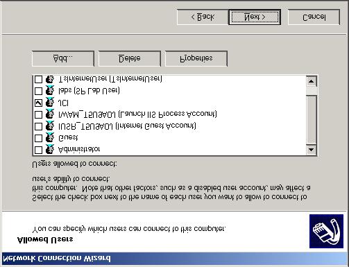 40 Direct Connect and Dial-Up Connection on Windows 2000 Operating System Application Note Figure 45: Allowed Users Screen 10. To create a new user, click Add. The New User screen appears (Figure 46).