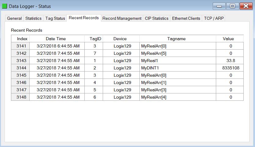 5.2.4. RECENT RECORDS TAB The Recent Records tab provides a list of the last records recorded with their time stamp and value. Figure 6.