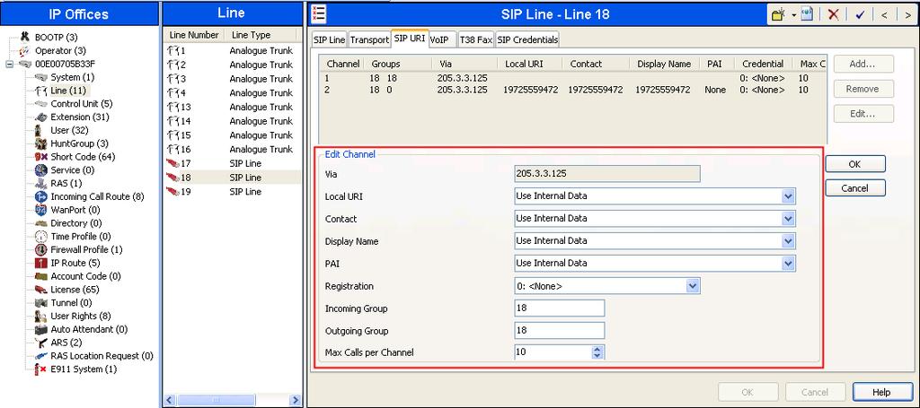 5.7.3. SIP Line - SIP URI Tab A SIP URI entry must be created to match each incoming number that Avaya IP Office will accept on this line.