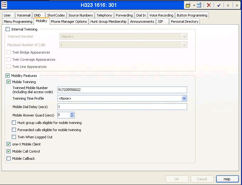 The following screen shows the Mobility tab for User 301. The Mobility Features and Mobile Twinning boxes are checked.