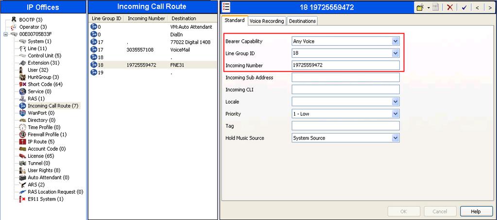Incoming Call Routes for other direct mappings of DID numbers to IP Office users listed in Figure 1 are omitted here, but can be configured in the same fashion.