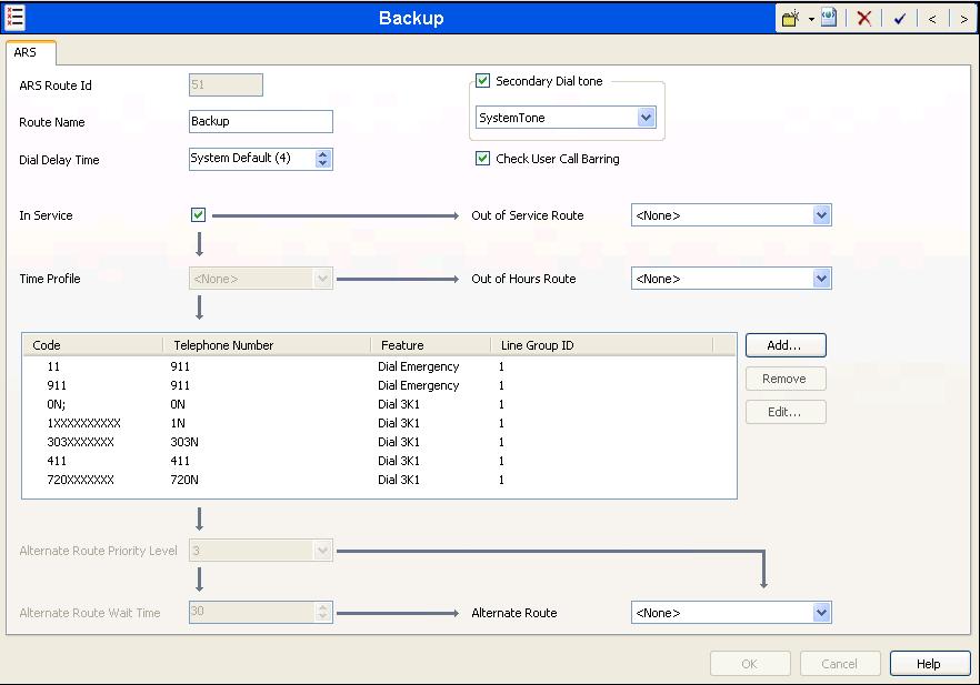 The following screen shows an example ARS configuration for the route named backup, ARS Route ID 51.