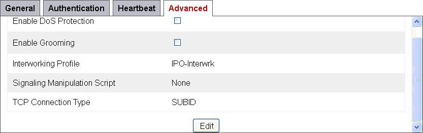 If SBC sourced OPTIONS are configured, the Heartbeat tab for the IP Office server profile will appear as shown below: If adding a profile, click Next to continue to Advanced settings.