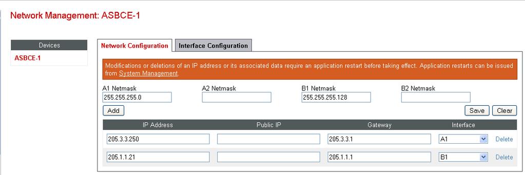 B1 interfaces are used, typically the A interfaces are used for the internal side and B interfaces are used for the external side of the Avaya SBCE. Select the Interface Configuration tab.