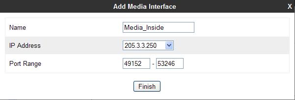 Enter an appropriate Name for the Media Interface facing the enterprise and select the inside, private IP Address for the Avaya SBCE from the IP Address drop-down menu.