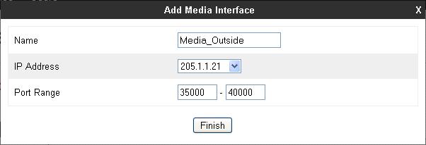 For the Port Range, the IP Office default media port range of 49152 to 53246 is shown. Click Finish.