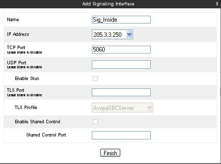 Select Add to add a signaling interface. In the Add Signaling Interface screen, enter an appropriate Name (e.g., Sig_Inside) for the inside interface, and choose the private, inside IP Address of the Avaya SBCE from the IP Address drop-down menu.