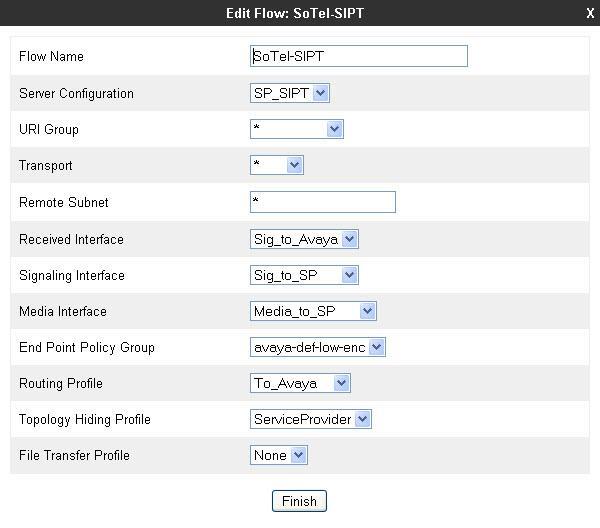 The following screen shows the flow named ServiceProvider being added to the sample configuration. This flow uses the interfaces, policies, and profiles defined in previous sections.