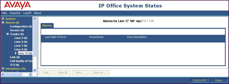Select the Alarms tab and verify that no alarms are active on the SIP line. 8.2. Monitor The Monitor application can also be used to monitor and troubleshoot IP Office.