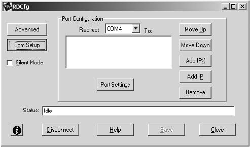 The Com Port Redirector Configuration window appears (see Figure 20). Figure 20: Com Port Redirector Configuration Window 6. Click the Com Setup button.